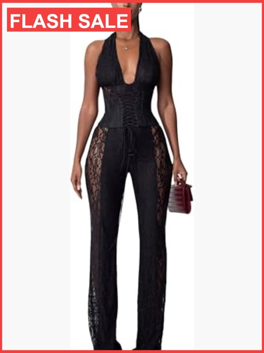 Sexy See Through Lace Jumpsuit Halter Deep V Neck Flare Pant One Piece Romper
